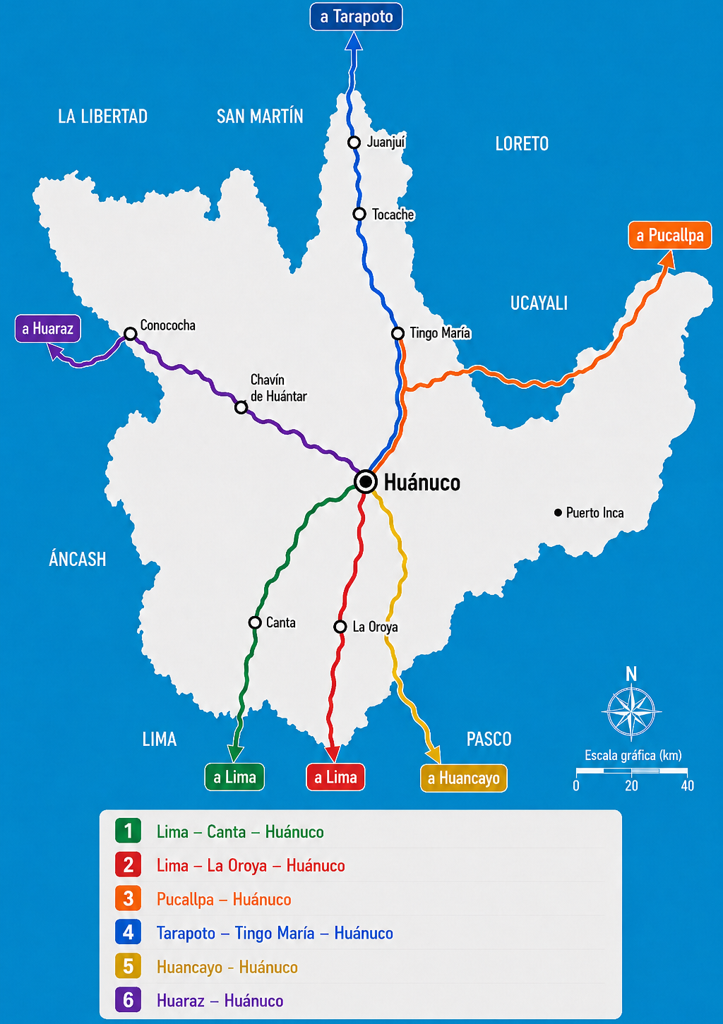 Mapa general de las principales rutas terrestres de acceso a Huánuco