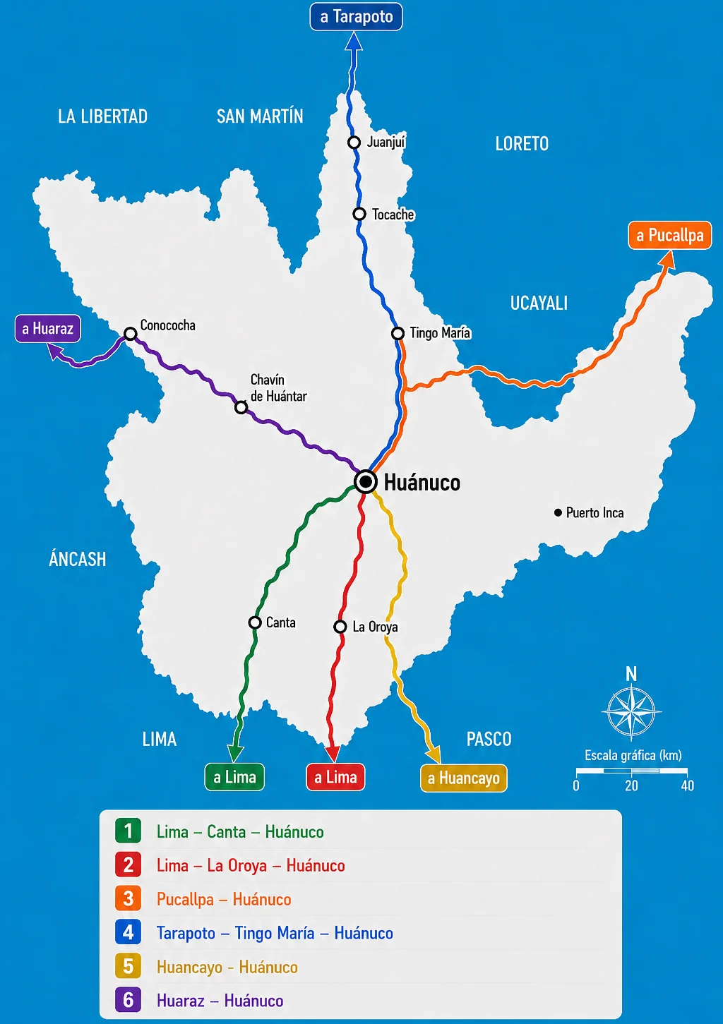Mapa general de las principales rutas terrestres de acceso a Huánuco